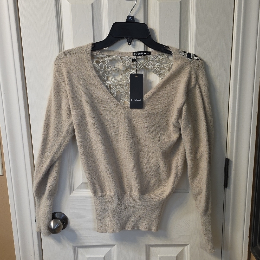 Sheilay Beige V-Neck Sweater with Lace Accent